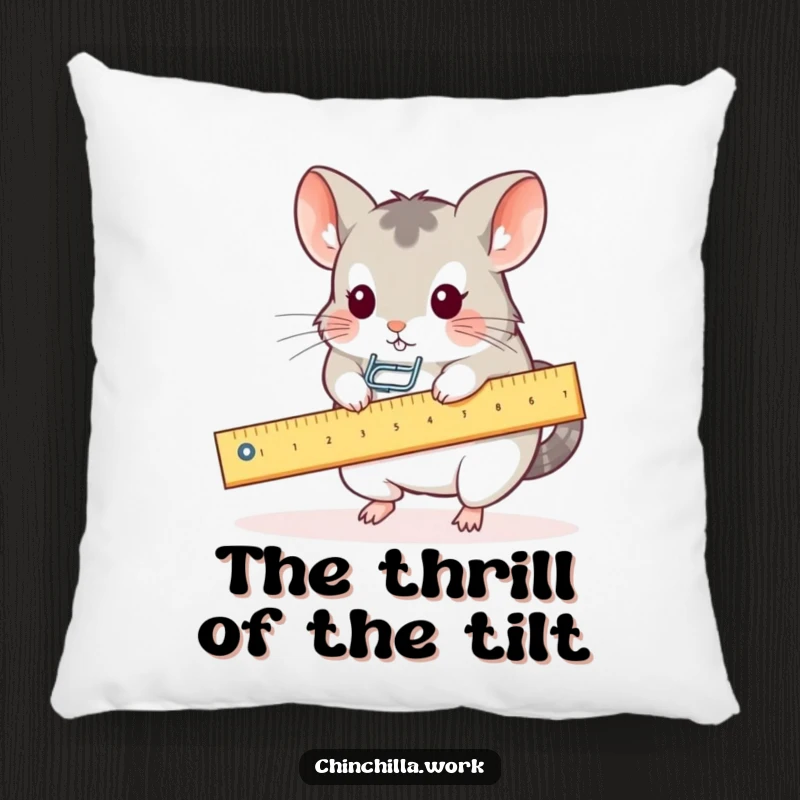 Funny pillow with a kawaii office chinchilla using a ruler as a seesaw for a paperclip, a soft and humorous accent.