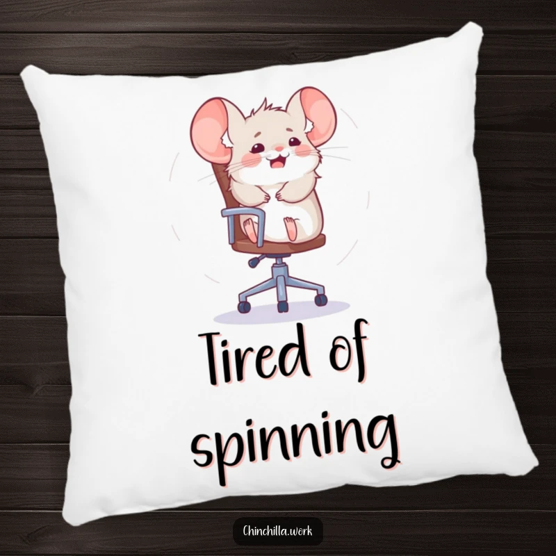 Funny chinchilla pillow showing a cute rodent spinning crazily on an office chair, offering comfort and humor.