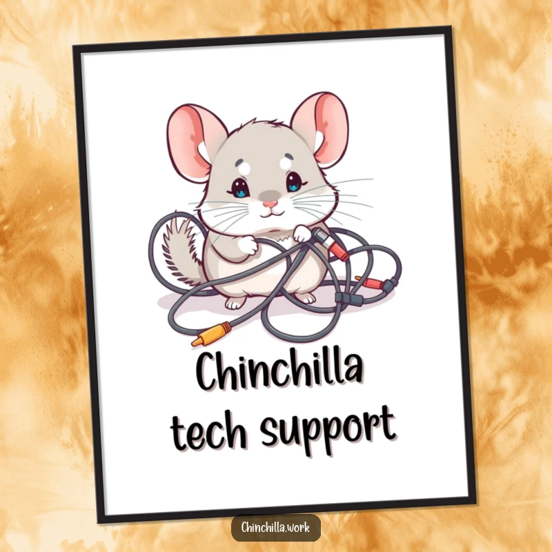 Funny Digital Art Print: A kawaii chinchilla investigating tangled computer cables, perfect for adding humorous tech-themed decor.