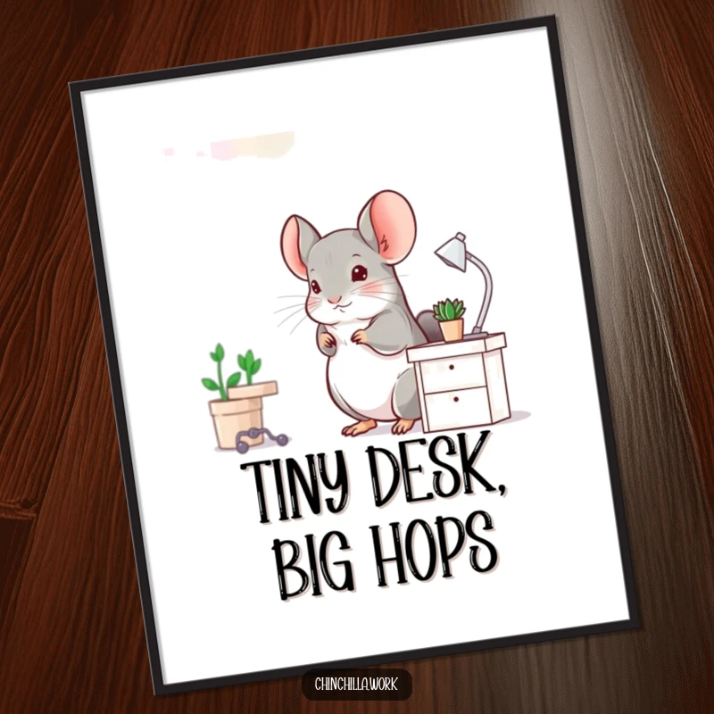 Funny Chinchilla Digital Art: A chinchilla hops energetically at a miniature desk, representing playful productivity and humorous charm.