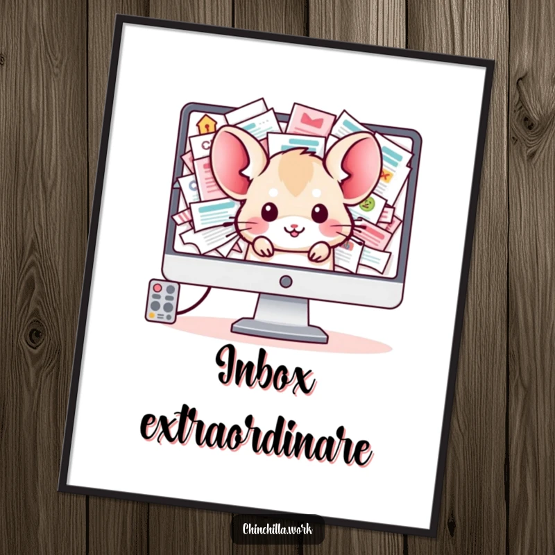 Funny Chinchilla Digital Art: A kawaii office chinchilla peeks from a computer screen overloaded with an overflowing inbox, humorous artwork.