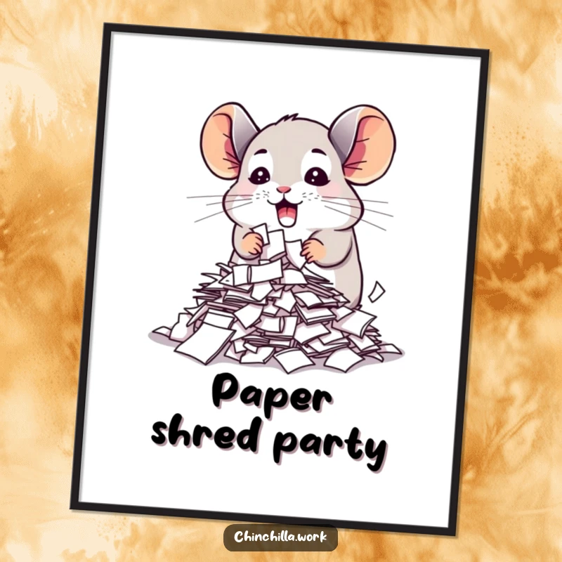 Funny chinchilla digital art print of a creature enthusiastically shredding important papers, a humorous and relatable instant download.