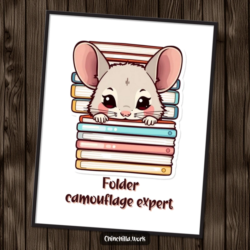 Funny Chinchilla Digital Art Print: Chinchilla peeking from behind folders, humorous wall art, printable funny gift.
