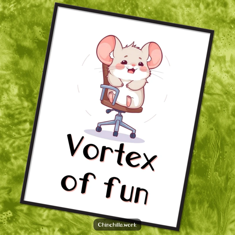 Funny chinchilla digital art print capturing a rodent's exhilarating office chair spin, perfect for bringing animated humor.