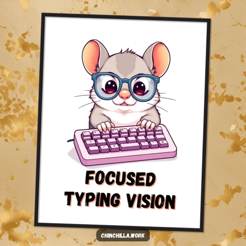 Funny Digital Art Print: Chinchilla in large glasses typing rapidly on a small keyboard, a humorous representation of intense focus.