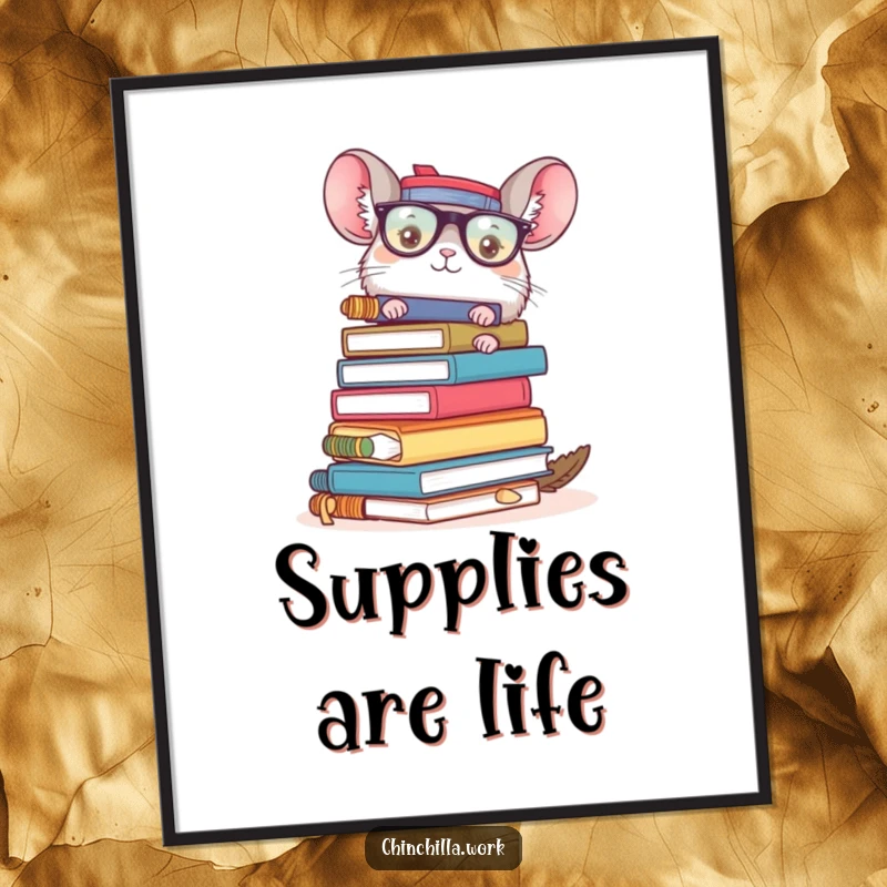 Funny chinchilla office chaos digital art print showing a character with a precarious stack of supplies, perfect for instant office decor.