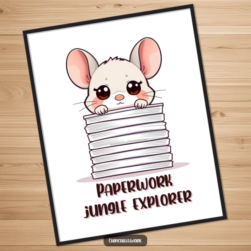 Funny office chinchilla digital art print, peeking over papers, offering instant cute and humorous workspace decor.