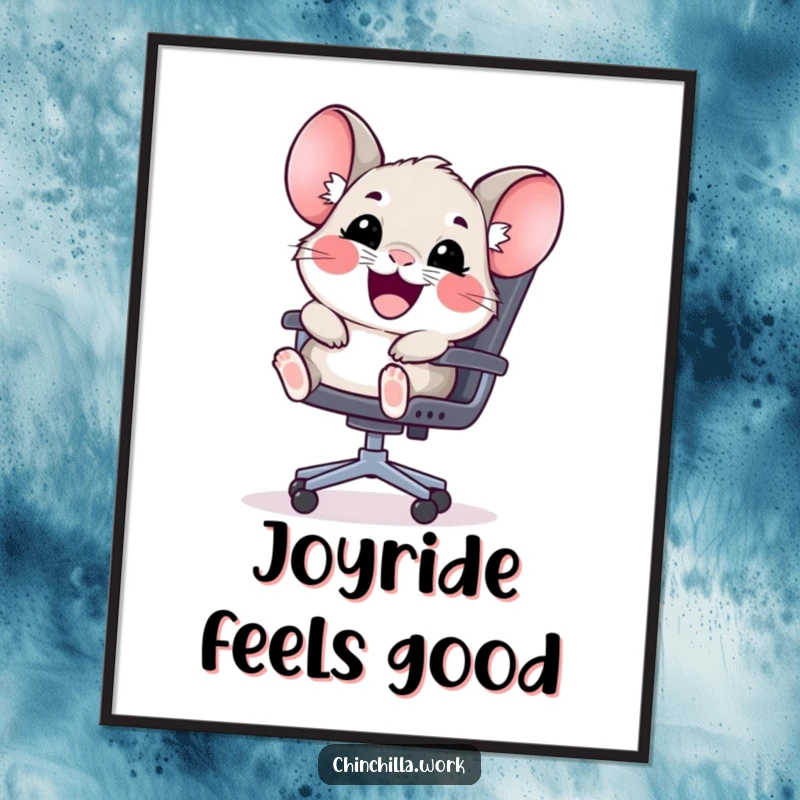 Funny kawaii chinchilla digital art print featuring a happy rodent sliding down an office chair, perfect for cute decor.