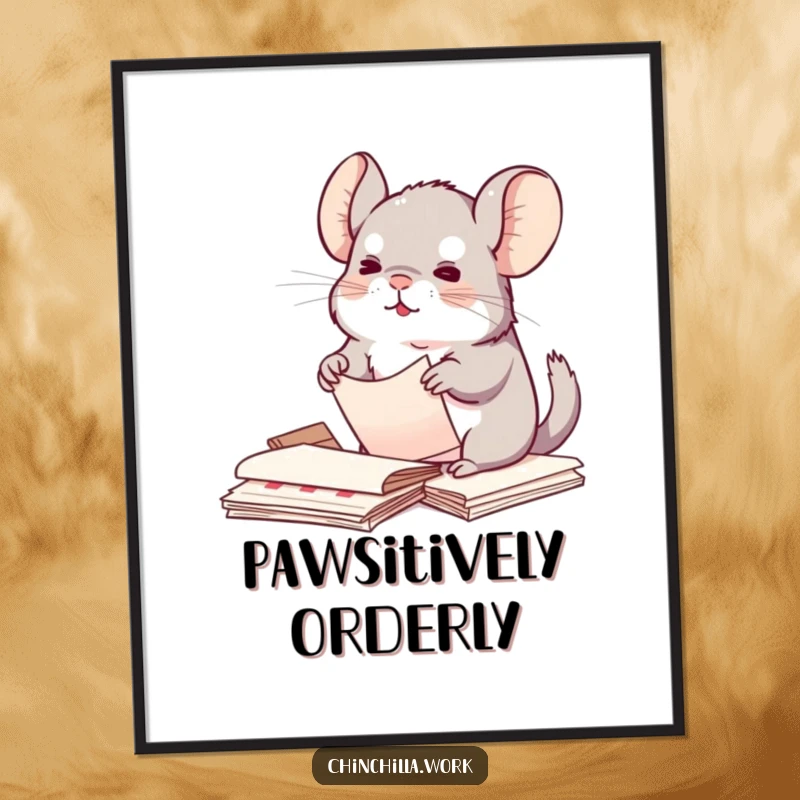 Funny Kawaii Chinchilla Digital Art Print: Chinchilla organizing papers, cute and tidy wall art, printable funny gift.