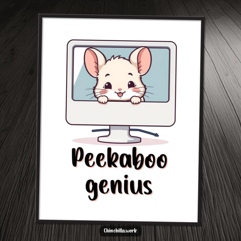Funny digital art print of a chinchilla peeking from behind a computer monitor with a smile, adding instant tech decor.