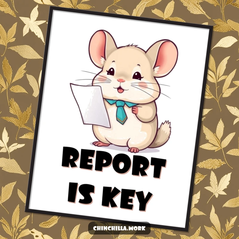 Funny chinchilla tie digital art print showing a character holding a report, perfect for instant office decor and professional humor.