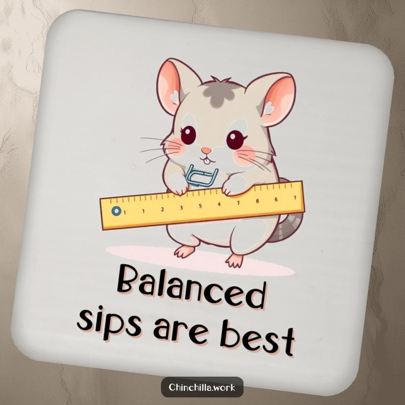 Funny drink coaster featuring a kawaii office chinchilla balancing a paperclip on a ruler seesaw, a charming desk accessory.