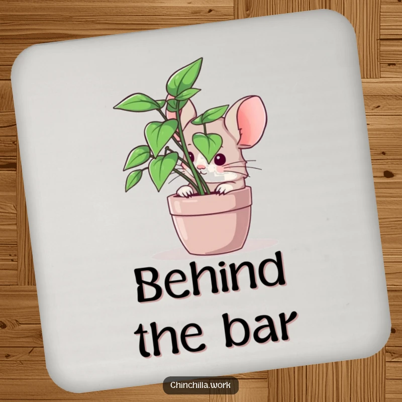 Funny chinchilla plant pal coaster, a humorous and protective accessory for drinks, featuring a peeking rodent.