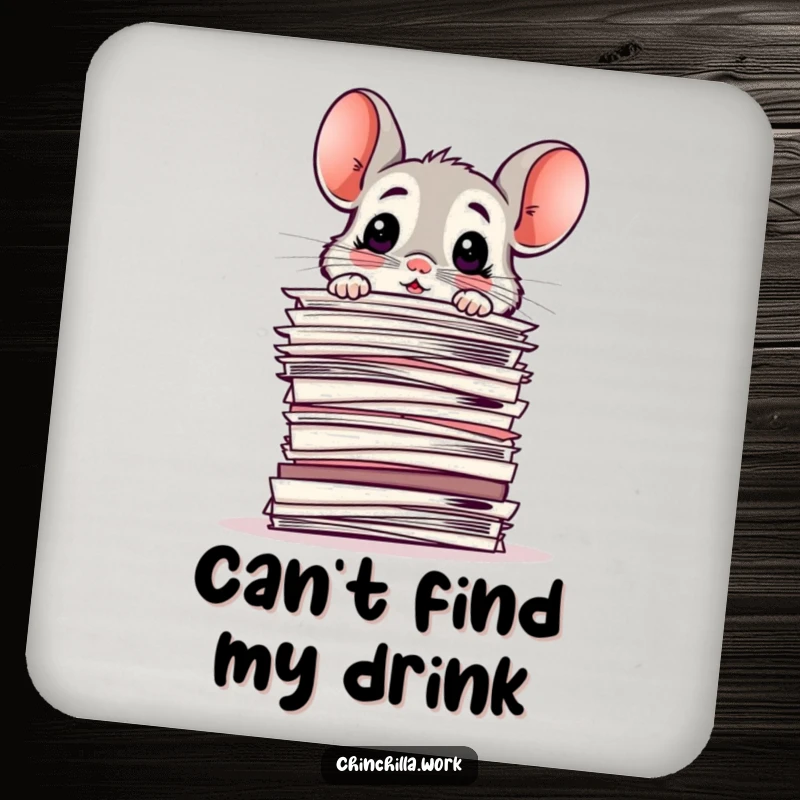 Funny Drink Coaster: Chinchilla looking surprised and baffled over a stack of papers, a humorous and protective tabletop accessory.