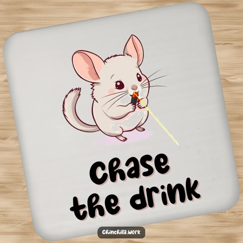 Funny drink coaster featuring a chinchilla chasing a laser pointer across a whiteboard, protecting surfaces with pet-themed humor.