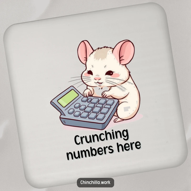 Funny chinchilla drink coaster showing a rodent focused on a large calculator, perfect for protecting surfaces with humor.