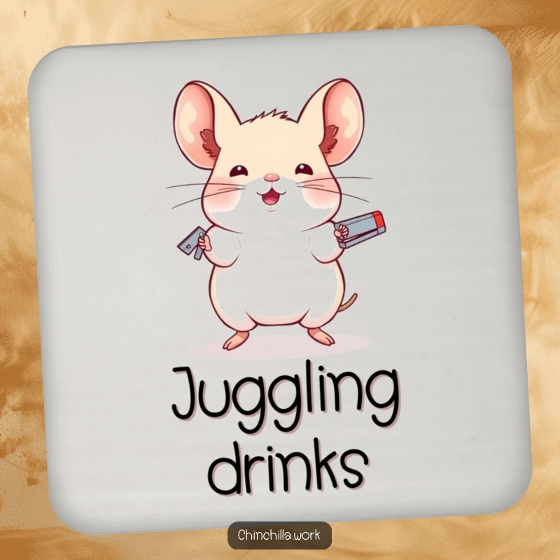 Funny drink coaster featuring a chinchilla juggling staplers with impressive balance, protecting surfaces with unique humor.