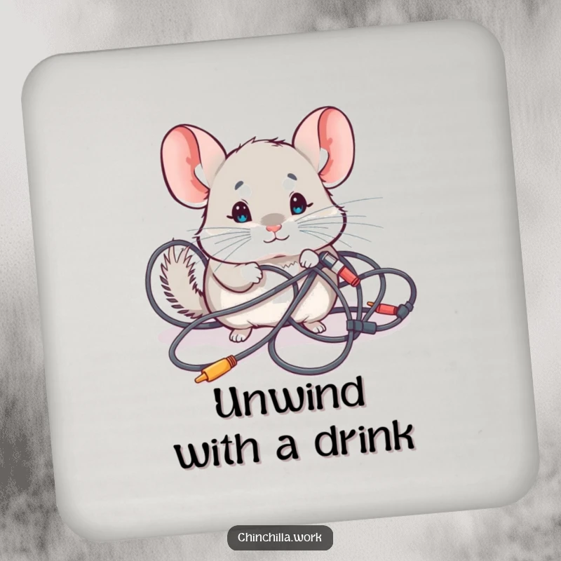 Funny Coaster: A kawaii chinchilla investigating tangled computer cables, perfect for adding tech humor and protecting surfaces.