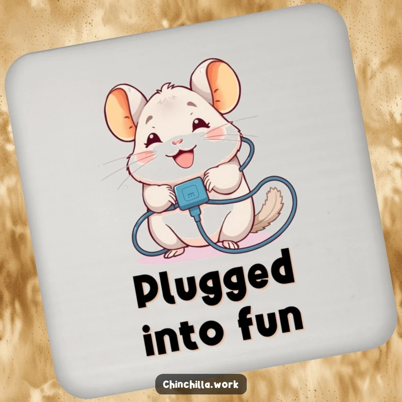 Funny Chinchilla Coaster: Chinchilla tangled in a charging cable, protecting furniture with humor, a funny gift.
