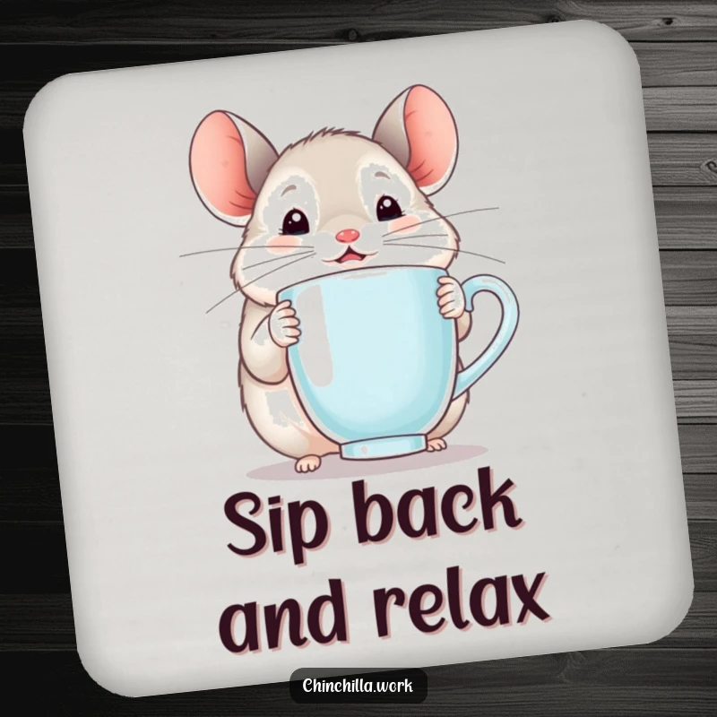 Funny chinchilla coaster featuring a happy rodent holding a steaming mug, adding delightful protection to surfaces.