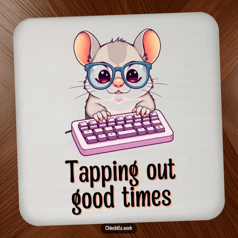 Funny Drink Coaster: Determined chinchilla typing furiously, a humorous and protective addition to any desk surface.