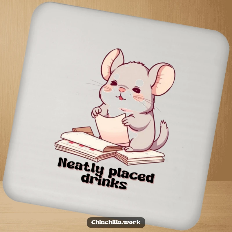 Funny Kawaii Chinchilla Coaster: Chinchilla organizing papers, protecting furniture with cute order, a funny gift.