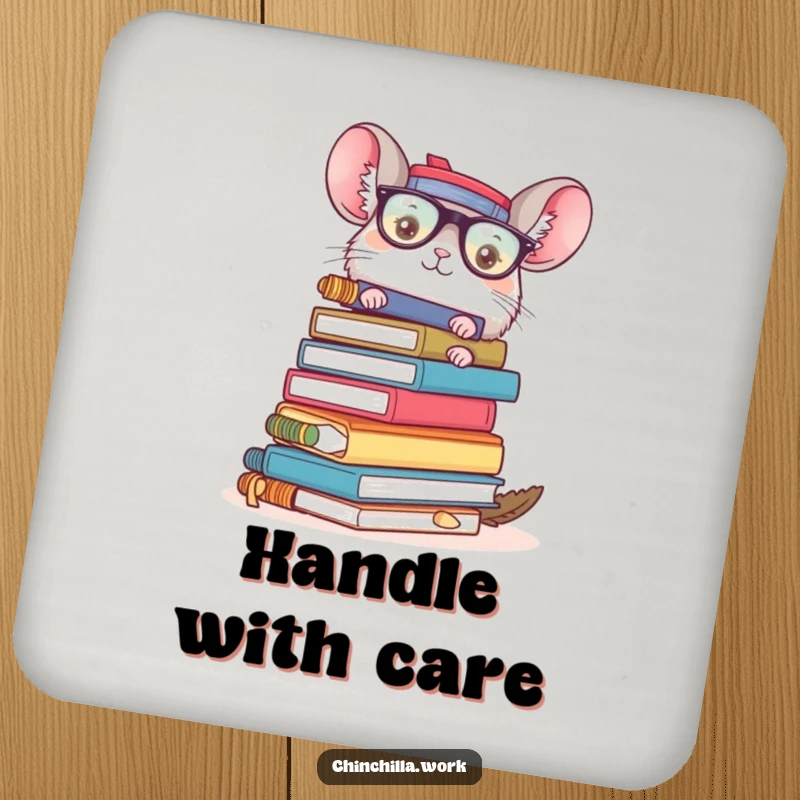 Funny chinchilla office chaos drink coasters featuring a character with a precarious stack of supplies, adding desk humor to tables.