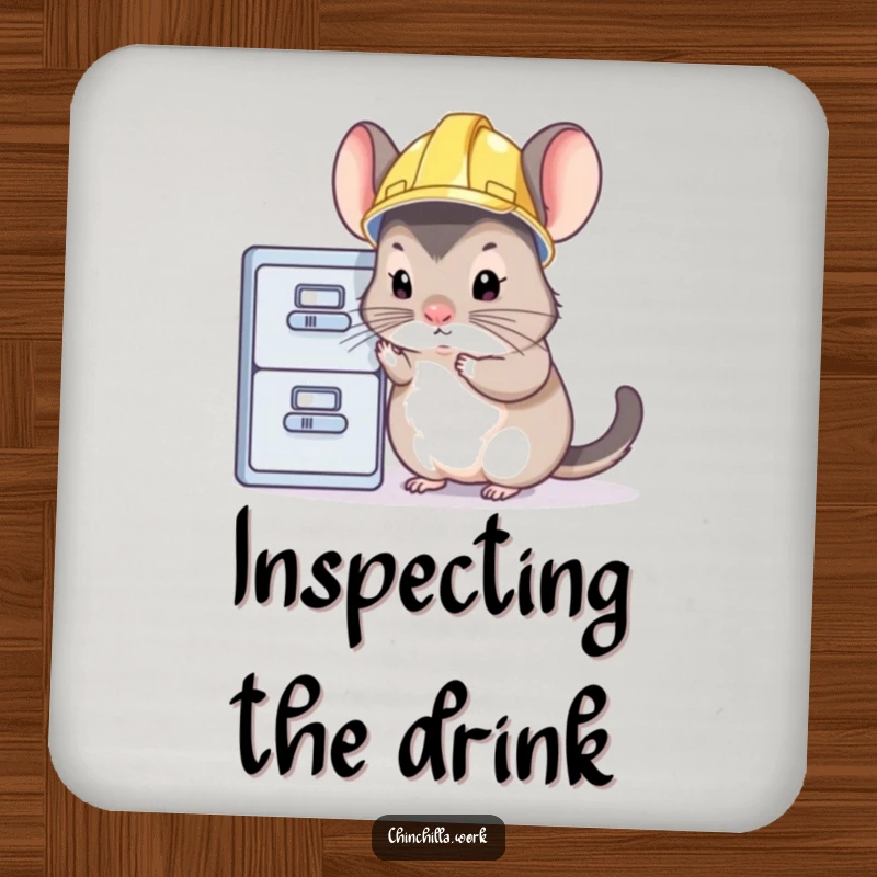 Funny chinchilla coaster depicting a rodent in a hard hat inspecting a file cabinet, protecting tables with humor.