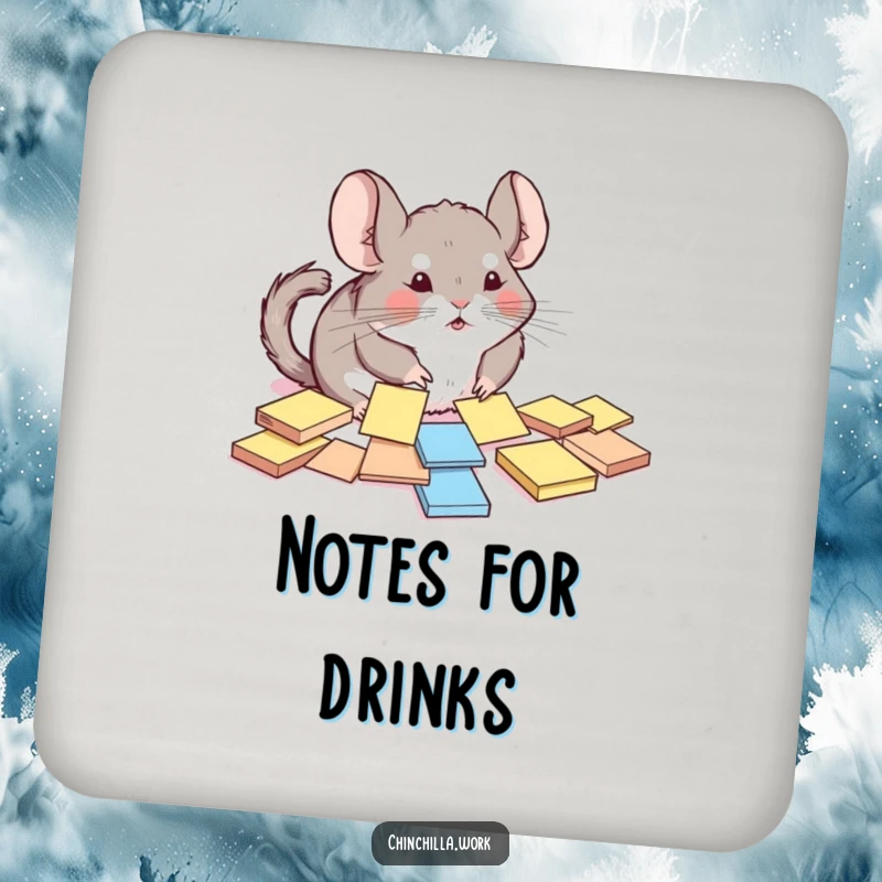 Funny chinchilla coaster depicting a rodent comically trying to organize scattered sticky notes, protecting tables with humor.