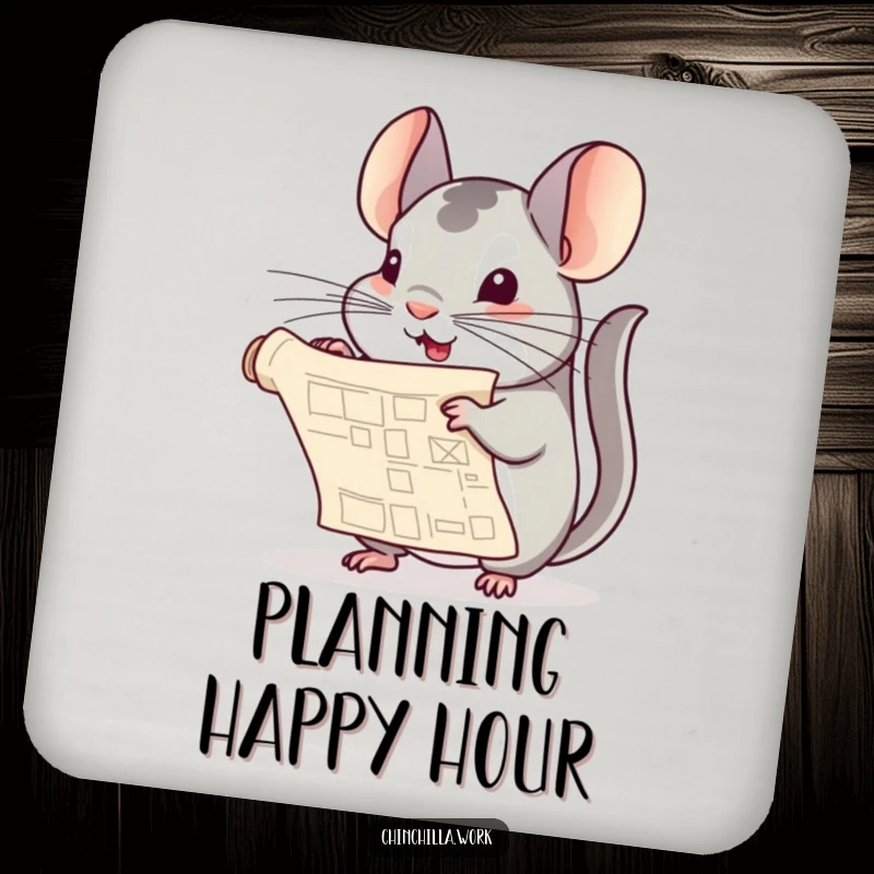 Funny Chinchilla Coaster: A chinchilla playfully unfurls a miniature blueprint, adding a creative and humorous touch to your drink station.