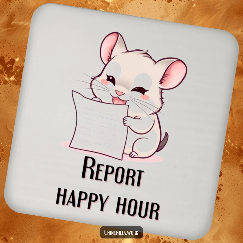 Funny Chinchilla Coaster: A kawaii office chinchilla grins mischievously while chewing on a blank report, protecting surfaces.