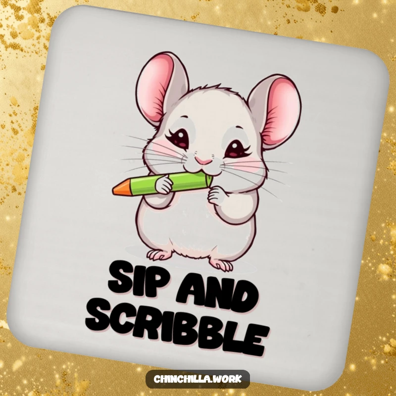 Funny chinchilla coaster depicting a rodent enthusiastically chewing on a pen, protecting tables with humor.