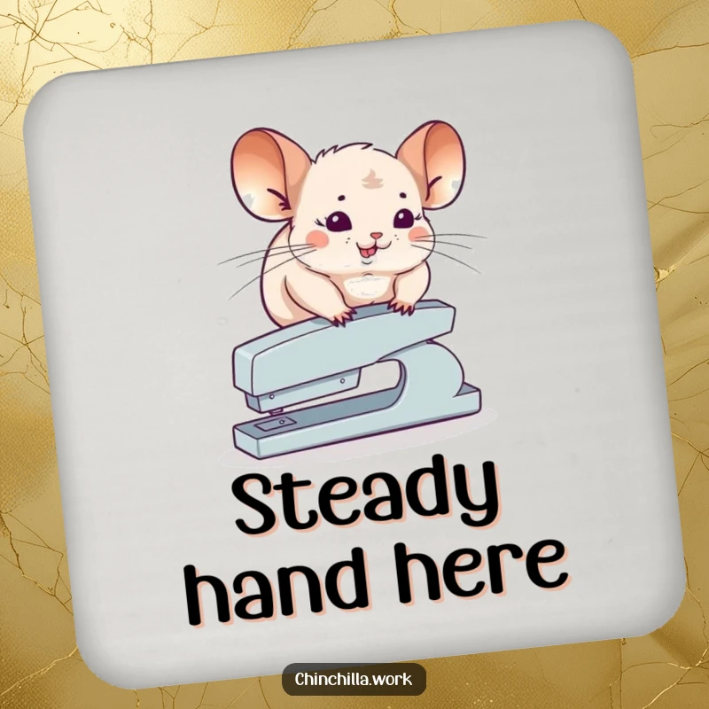 Funny Chinchilla Coaster featuring a chinchilla attempting to balance on a stapler, a humorous and functional accessory.