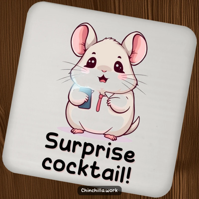 Funny drink coaster with a kawaii office chinchilla looking surprised at a flashing light, protecting surfaces.