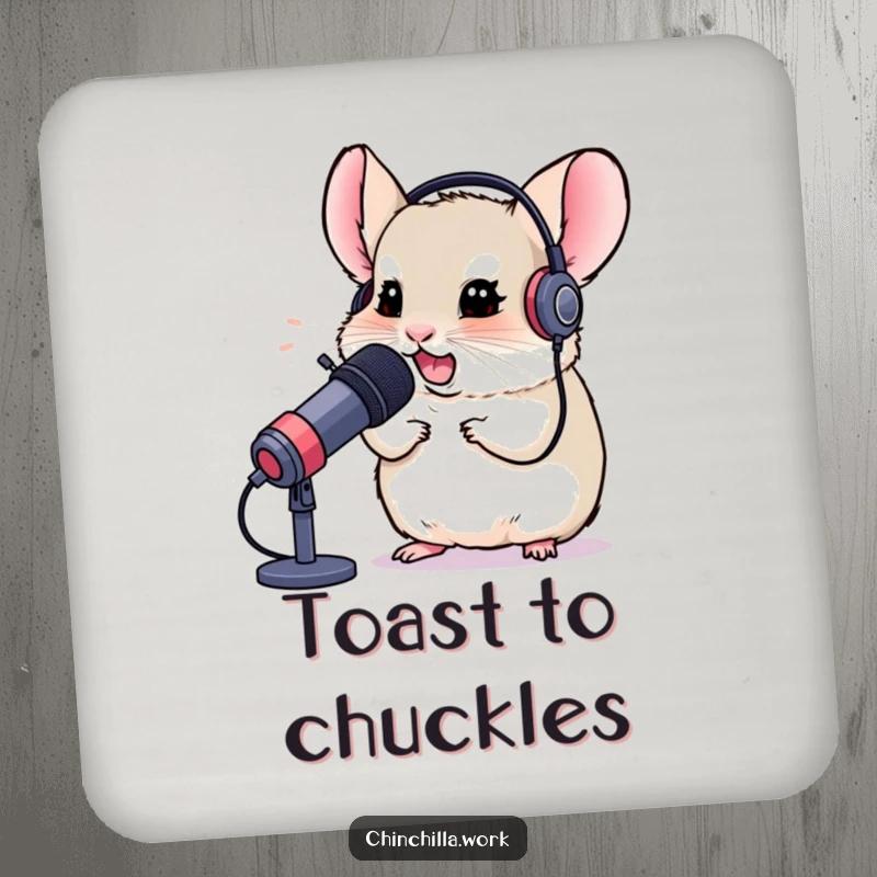 Funny drink coaster featuring a chinchilla in a headset, chuckling into a microphone, protecting surfaces with gamer flair.