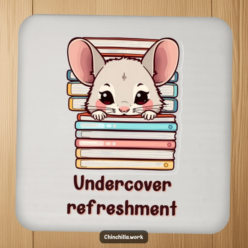 Funny Chinchilla Coaster: Chinchilla peeking from behind office folders, protecting furniture with humor, a funny gift.