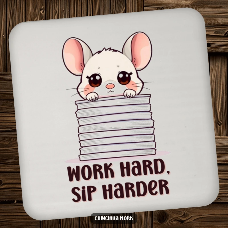 Funny office chinchilla drink coasters, peeking over papers, perfect for protecting desks with cute and humorous charm.