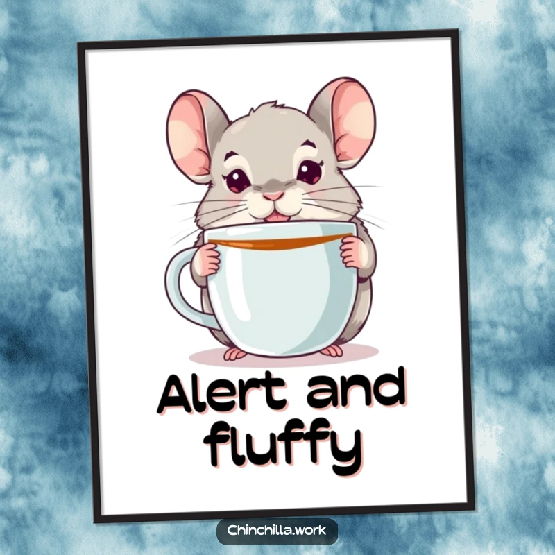Funny alert chinchilla poster showcasing a wide-eyed chinchilla clinging to a massive coffee mug, radiating morning energy and humor.