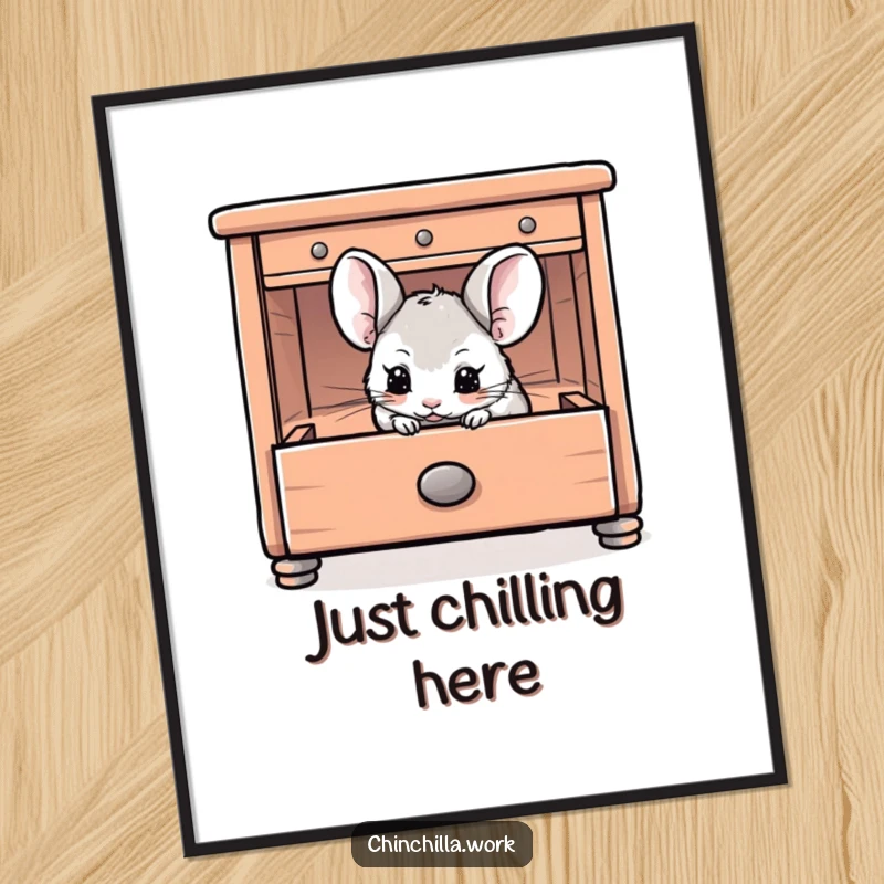 Funny Chinchilla Poster depicting a chinchilla playfully hiding inside an open desk drawer, perfect for a whimsical space.