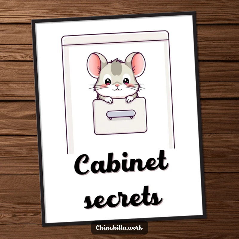 Funny chinchilla character peeking its head out of a filing cabinet, creating humorous and engaging wall art.