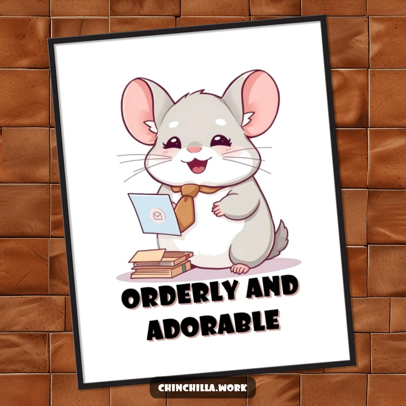 Funny poster featuring a chinchilla with a tiny tie, joyfully sorting mail, adding a touch of professional cuteness.