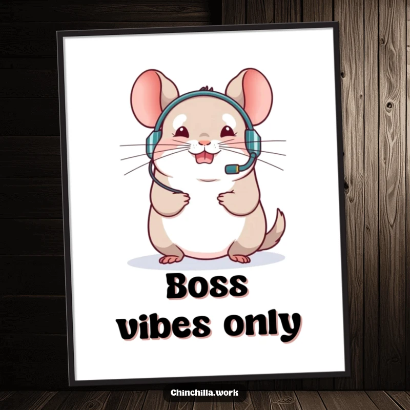 Funny chinchilla poster depicting a rodent in a headset leading a virtual meeting enthusiastically, ideal for office decor.