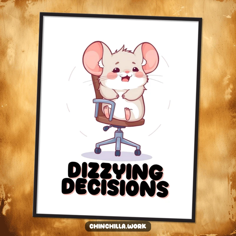 Funny chinchilla poster capturing a furry creature in a dizzying spin on an office chair, embodying office amusement.