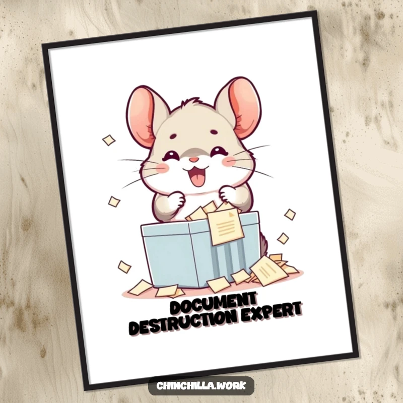 Funny kawaii chinchilla poster showing a delighted rodent shredding papers, adding a humorous and cheerful vibe to any space.