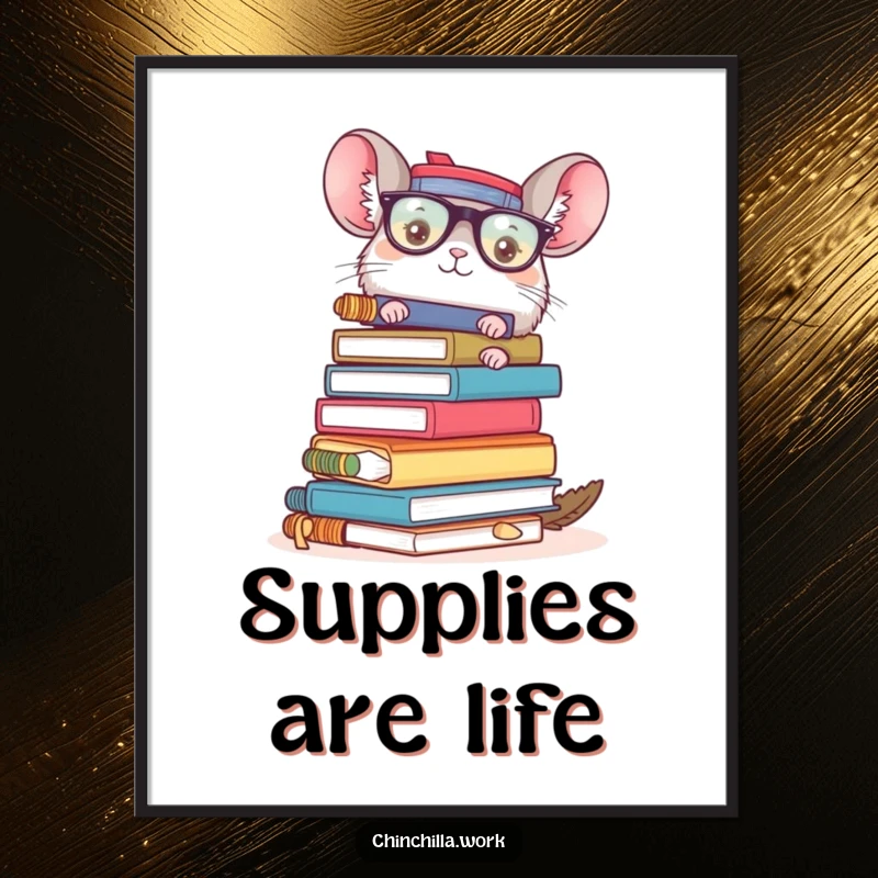 Funny chinchilla poster depicting a character barely holding a precarious stack of office supplies, adding humorous wall art.