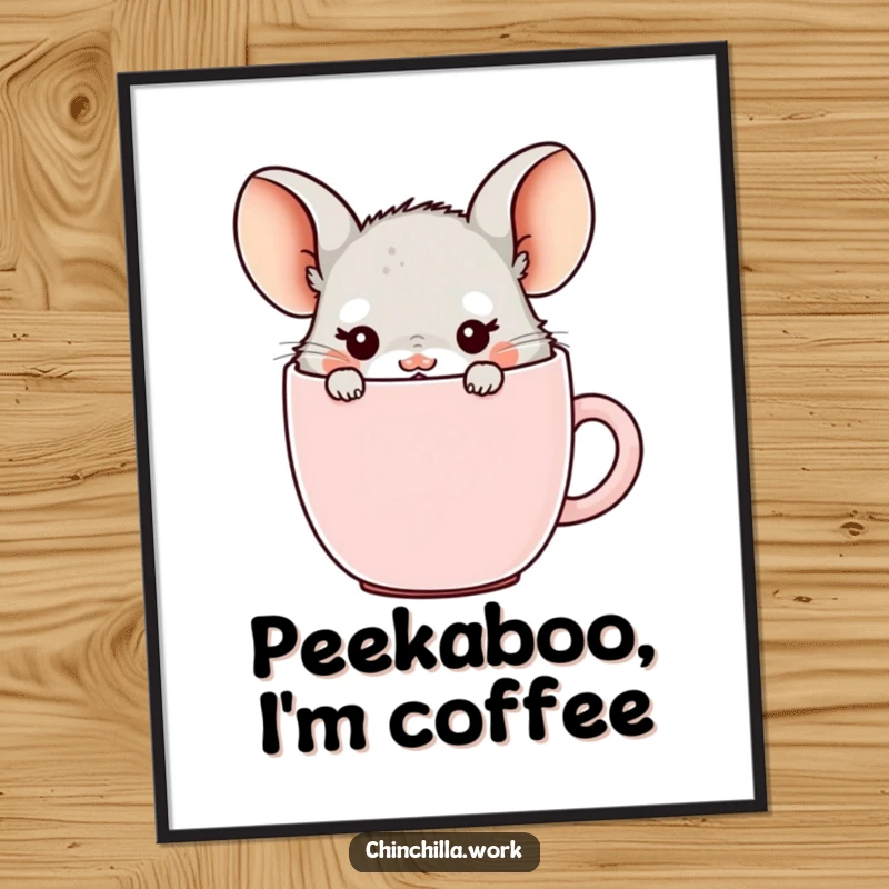 Funny office chinchilla poster, hiding in a coffee mug with ears showing, ideal for cute and humorous coffee-themed art.
