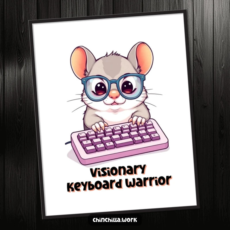 Funny Poster: Chinchilla wearing large glasses, typing diligently on a tiny keyboard, creatively representing focus and hard work.