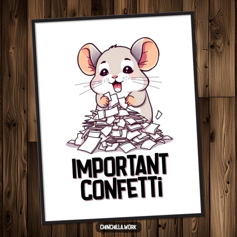 Funny chinchilla poster showing a cute creature enthusiastically shredding important papers, a humorous and relatable wall art piece.