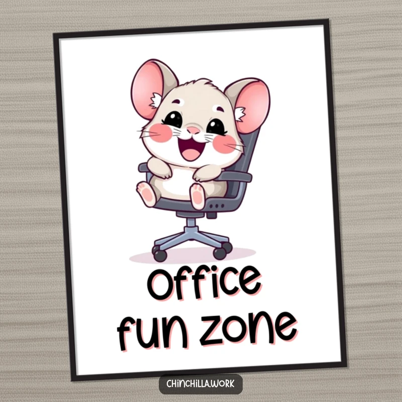 Funny kawaii chinchilla poster depicting a happy rodent sliding down an office chair, ideal for cute office art.