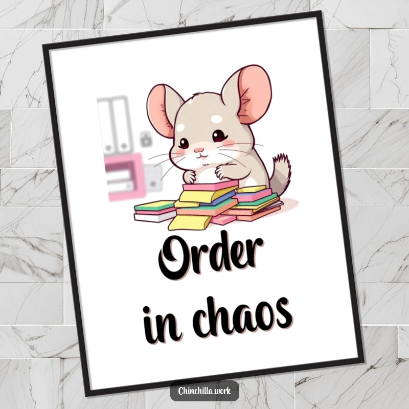 Funny poster print of a kawaii office chinchilla surrounded by sticky notes, trying to sort them.